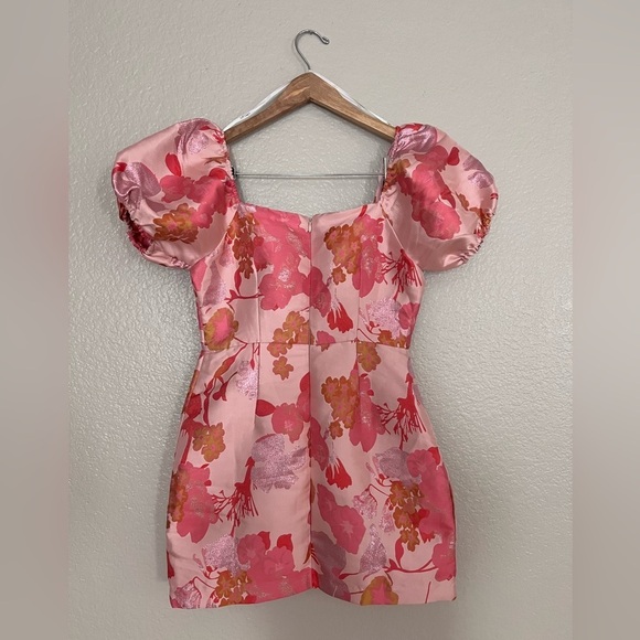 So Stunning Orange Multi Floral Jacquard Puff Sleeve Mini Dress - Picture 9 of 13